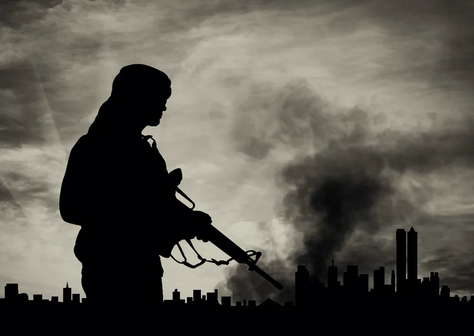 Silhouette of an armed militant holding a rifle with smoke rising over a city skyline in the background, representing terrorism and warfare concept.