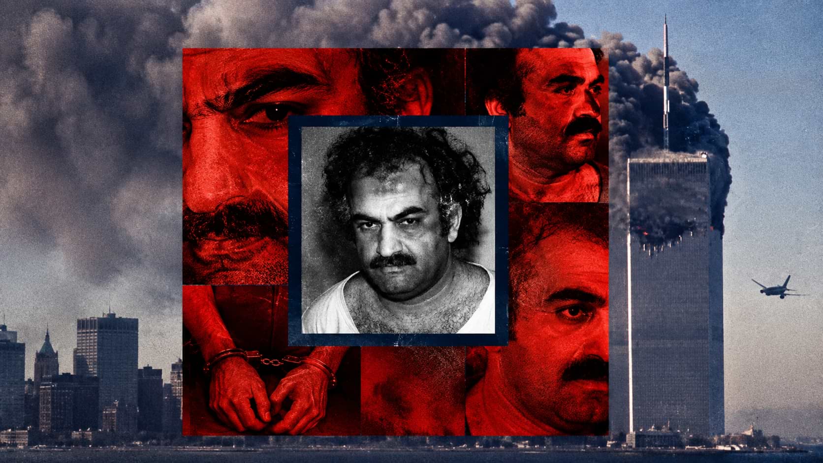 Editorial news collage showing 9/11 mastermind Khalid Sheikh Mohammed with Twin Towers background.