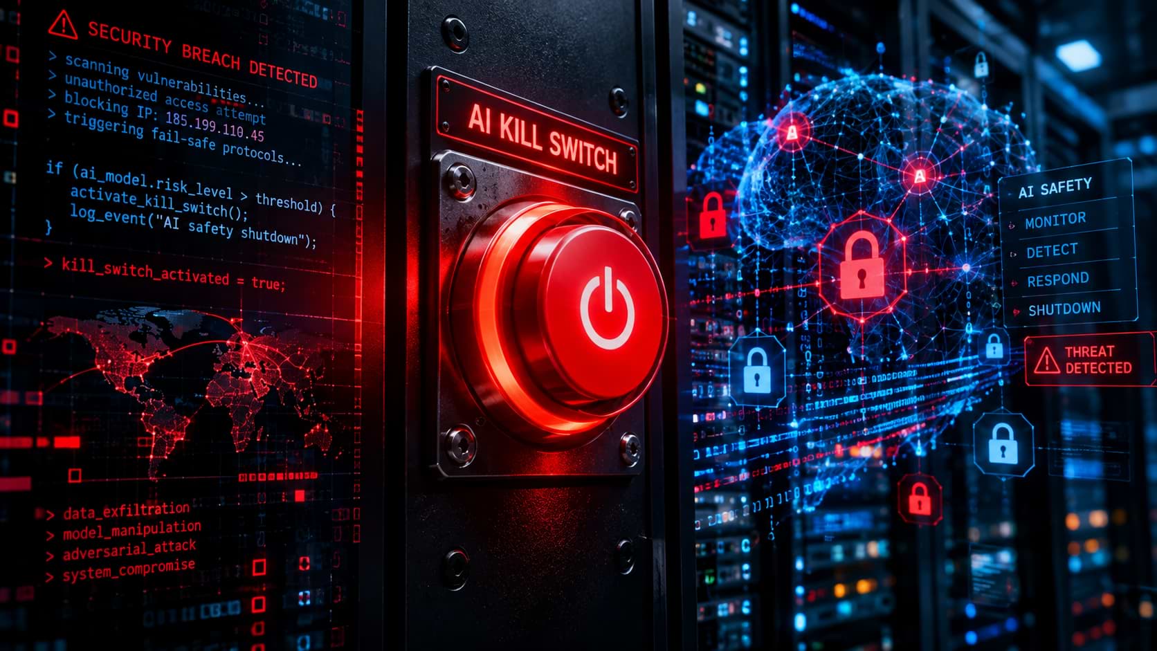 A red emergency AI kill switch button mounted on a server rack between screens displaying threat detection code and a glowing neural network grid.