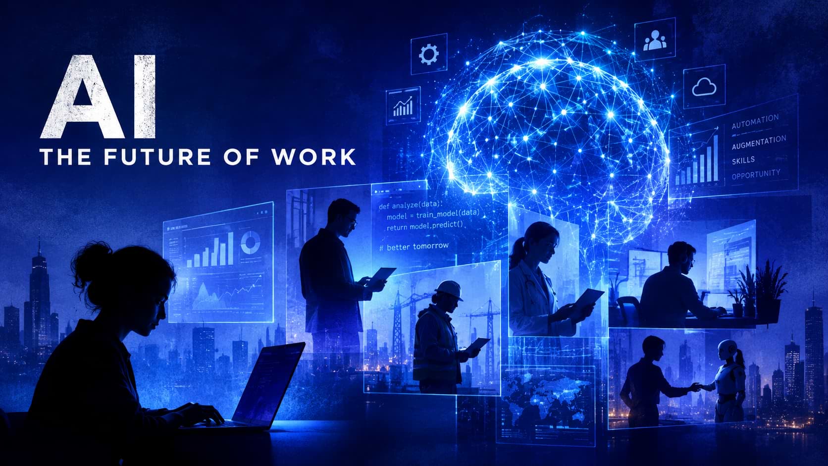 A blue high-tech graphic featuring the text AI The Future of Work with silhouettes of professionals working alongside glowing digital networks and analytics screens.