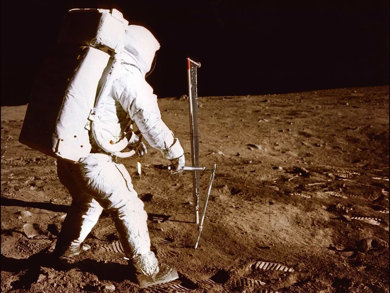 NASA Astronaut Buzz Aldrin conducting experiments on the lunar surface during the Apollo 11 mission on July 21, 1969.