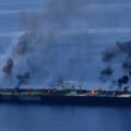A Saudi oil tanker in the Red Sea following a reported Houthi attack.