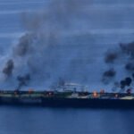 A Saudi oil tanker in the Red Sea following a reported Houthi attack.