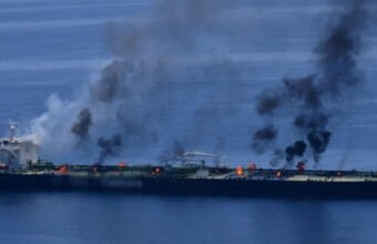 A Saudi oil tanker in the Red Sea following a reported Houthi attack.