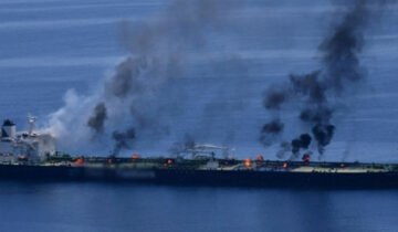 A Saudi oil tanker in the Red Sea following a reported Houthi attack.
