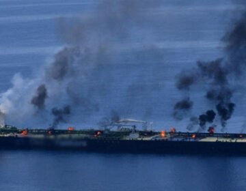 A Saudi oil tanker in the Red Sea following a reported Houthi attack.