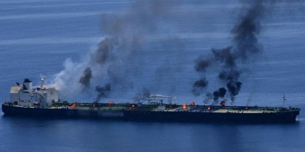 A Saudi oil tanker in the Red Sea following a reported Houthi attack.