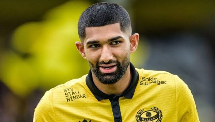 Pakistan footballer Abdullah Iqbal during his UEFA Champions League qualifying debut for Mjällby.