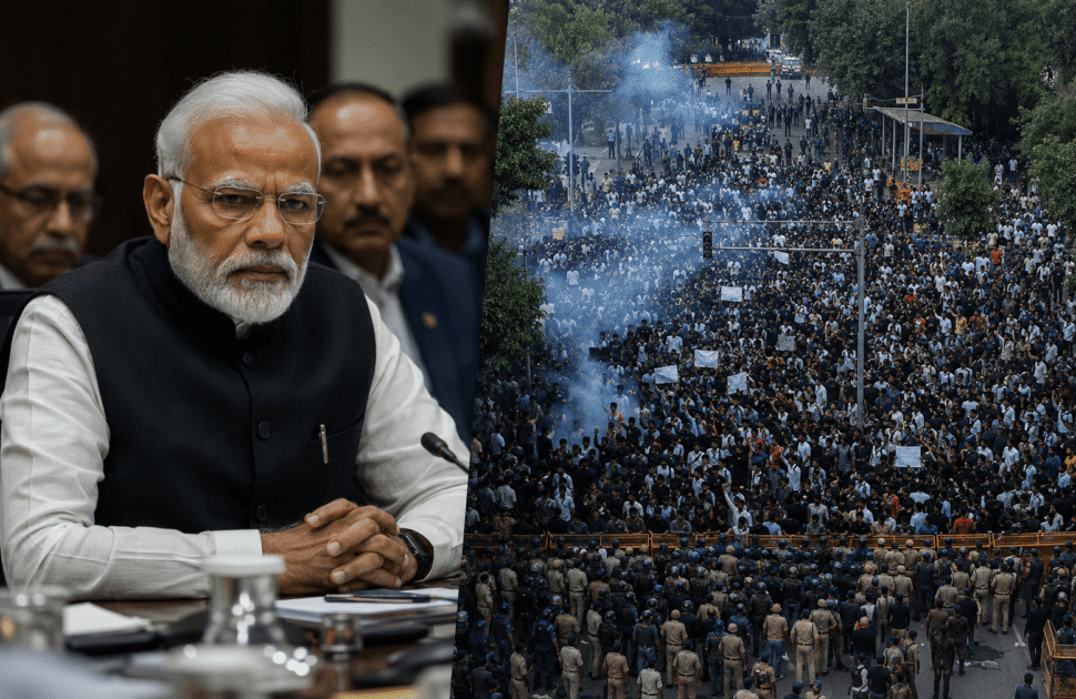 Indian Prime Minister Narendra Modi alongside a large Gen Z student protest in New Delhi.