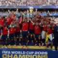 Spain celebrates after winning the FIFA World Cup 2026 as the team lifts the trophy during the championship ceremony.