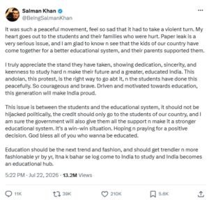 Salman Khan's Twitter Tweet supporting the student protest and education reforms in India.
